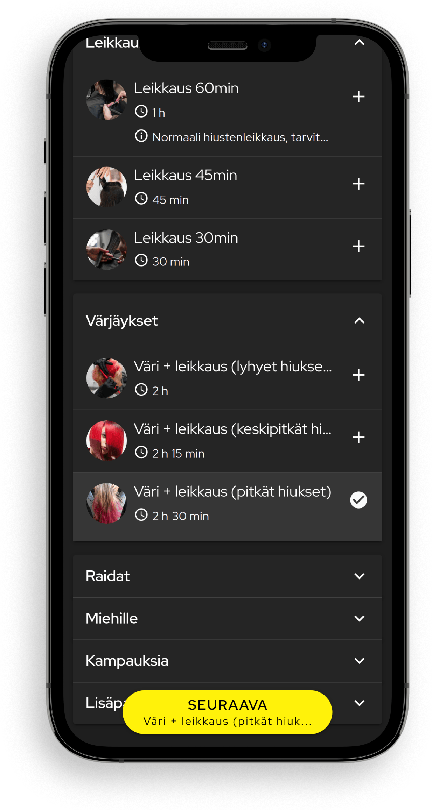 Service selection on Slotti's booking page displayed on a smartphone screen