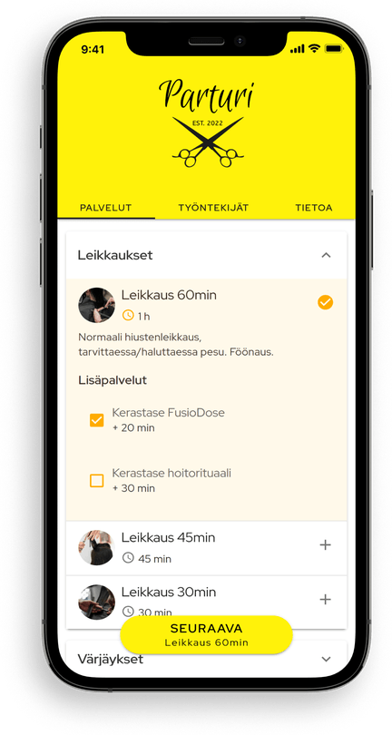 Service selection on Slotti's booking page displayed on a smartphone screen