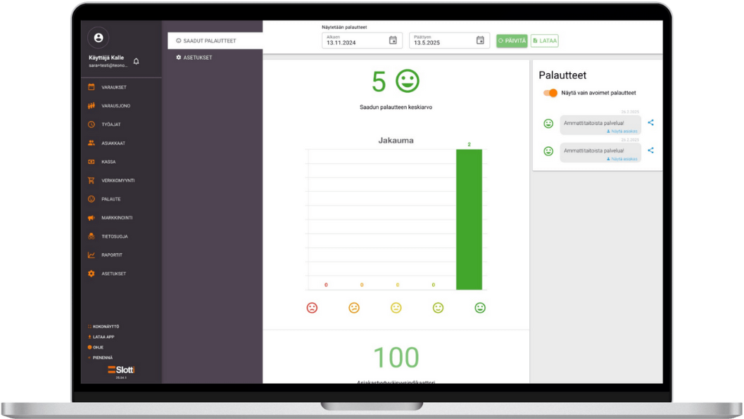 Feedback and settings on Slotti's admin panel displayed on a laptop screen
