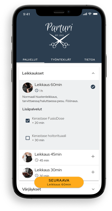 Service selection on Slotti's booking page displayed on a smartphone screen